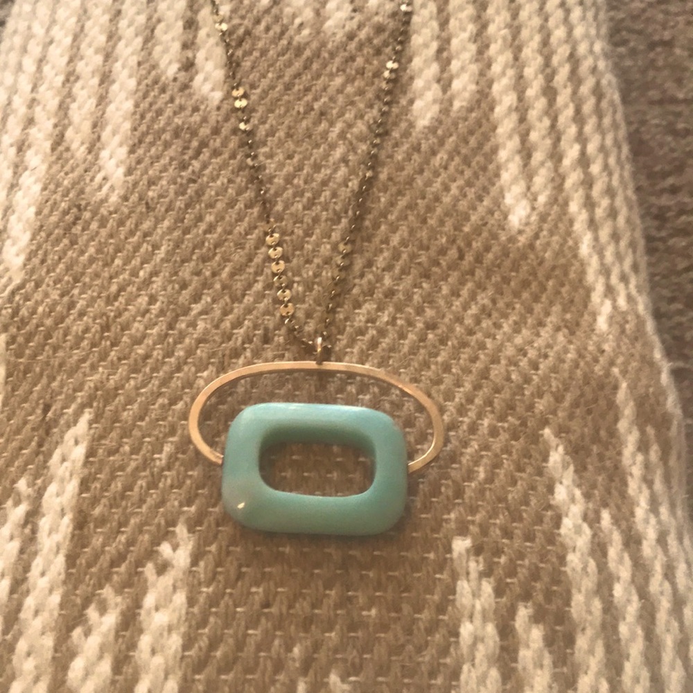 Zoe Chico Aquamarine Rectangle Stone w/Gold Oval Circle Link Necklace…Rare! 24”L